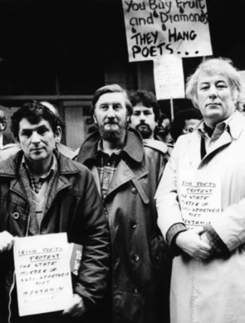 Seamus Heaney (right) at an anti-apartheid demonstration in Dublin, 1985, protesting at the import of South African fruit by Dunnes Stores.