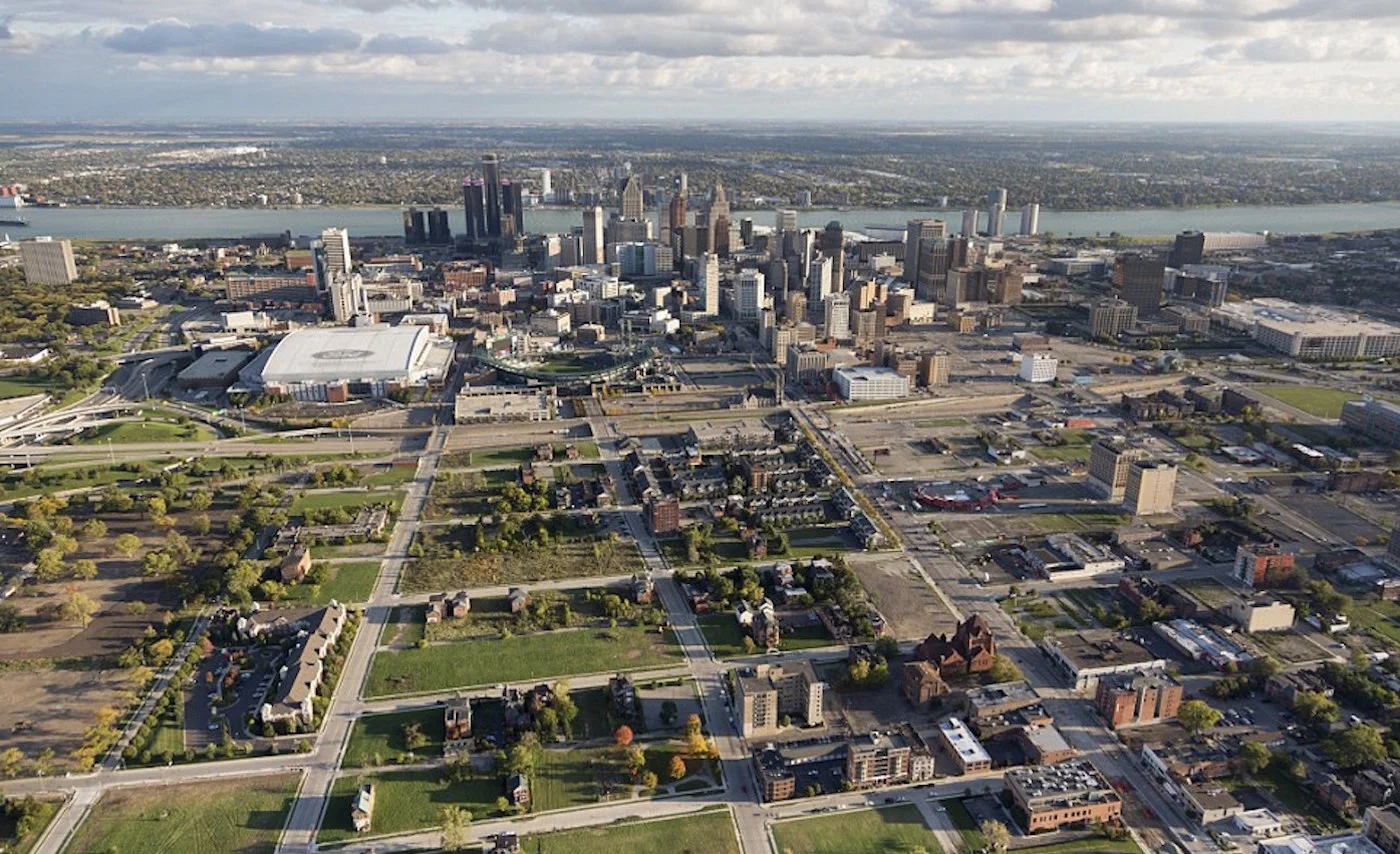 Figure 6: Shrinking city: aerial view of Detroit revealing vacant residential lots on the edge of downtown. (Photo by New York Times)