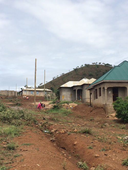 Household use of solar home systems even as the grid expands in peri-urban Arusha, Tanzania. Electricity poles are present, but there are no wires yet, so small solar home systems remain in use (roof of second house) (Elise Harrington, March 2018)