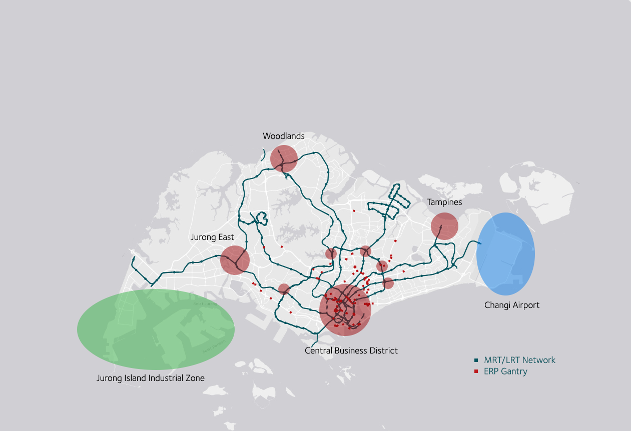 The strategic distributution of Singapore's transport, residential and industrial infrastructure (Source: Geospatial data on current transport infrastructure drawn from data.gov.sg)