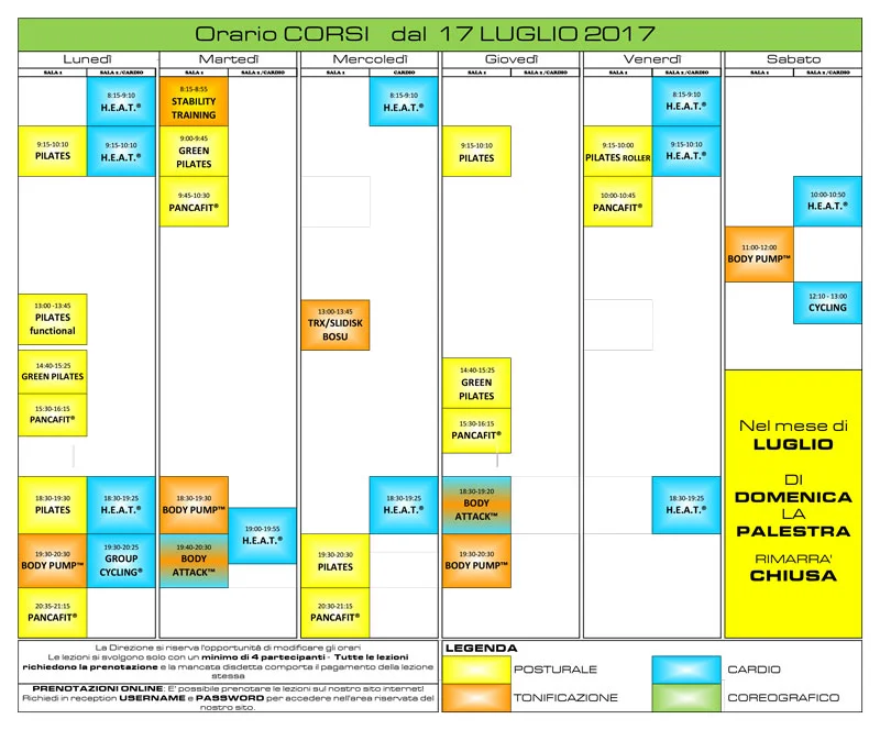 Aggiornamento orario corsi fitness [luglio 2017]