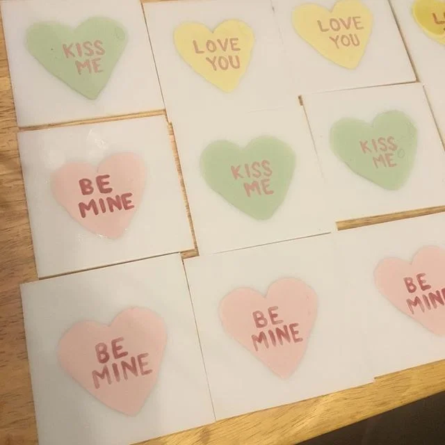 Work in progress at @lubianistudios. These adorable #conversationhearts  will be little fused glass candy dishes. Stay tuned for the finished product!  #lubianistudios #fusedglass #fusedglassart #glass #art #glassart  #artistsoninstagram #evenheatkil