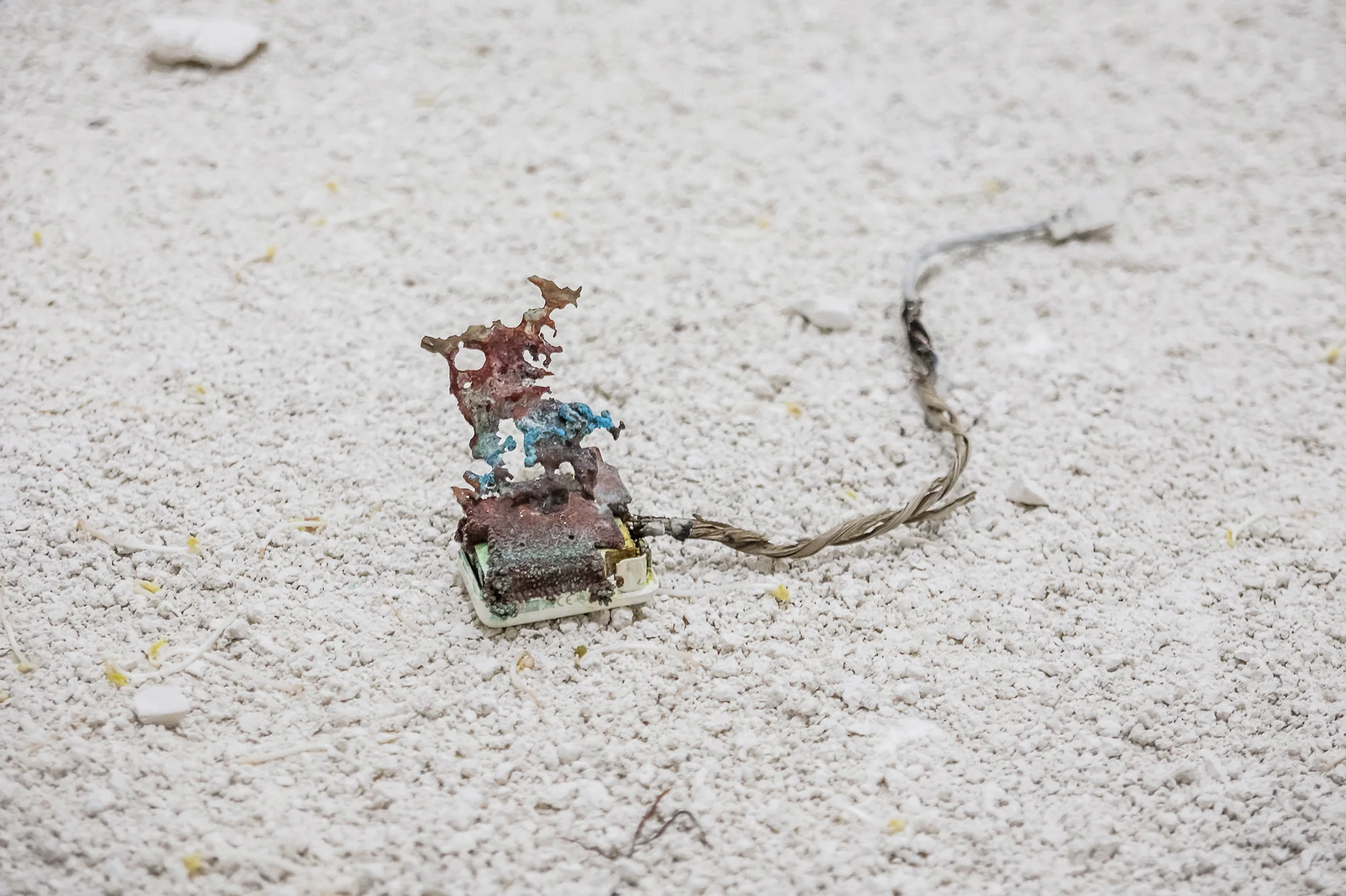 il chiaritoio, altered computer charger, marsh grass, travertine dust, sprouts