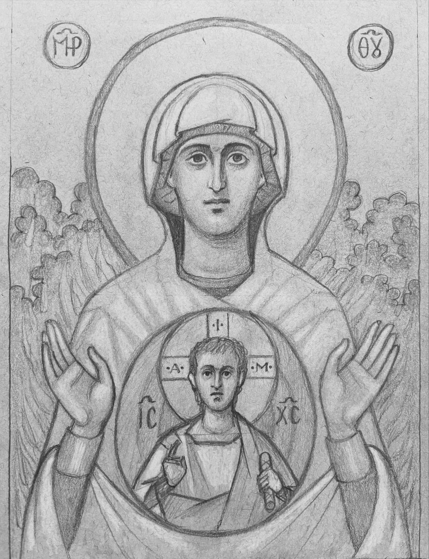Diptych sketches, soon to be painted. Theotokos of the burning bush, and Christ with an excerpt from his high-priestly prayer.