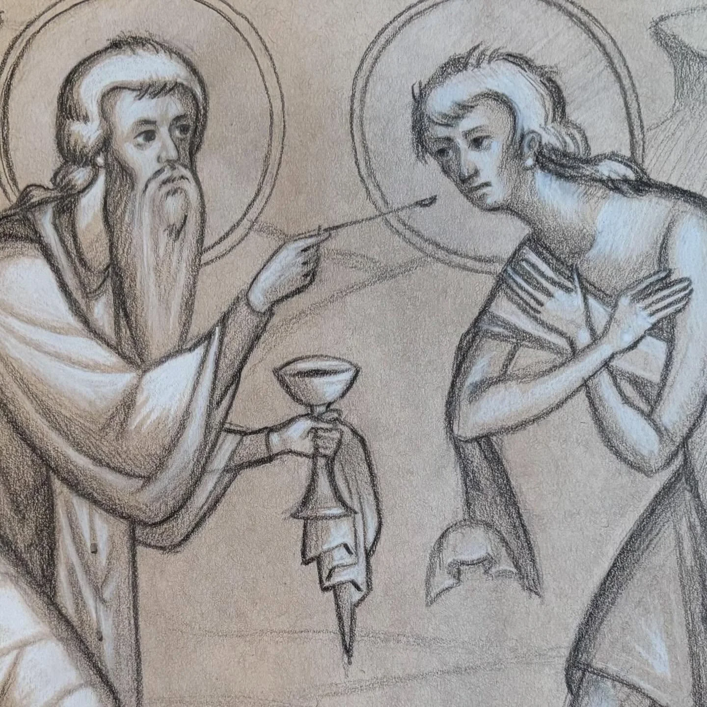 Seraphim and I got to draw together this Thanksgiving week, experimenting with some call-and-response duets on toned tan paper. Here his St Mary of Egypt is met by my St Zosimas. And my St John Chrysostom with his St Olympia. What an immense privileg