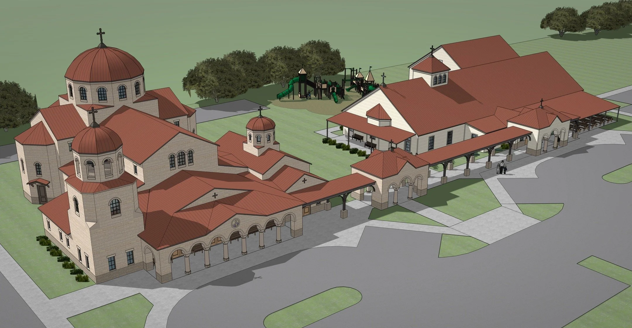 New campus design for St. Andrew Orthodox Church in Woodway, TX. The first phase building will be a multipurpose hall.