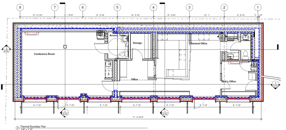 The red line is thermal barrier and blue line is the air barrier - critical elements of Passive House design.