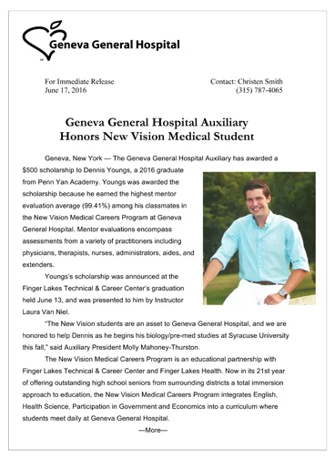 Geneva General Hospital Auxiliary Honors New Vision Medical Student
