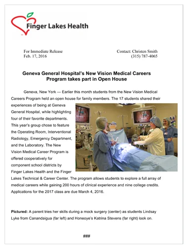 Geneva General Hospital's New Vision Medical Careers Program takes part in Open House