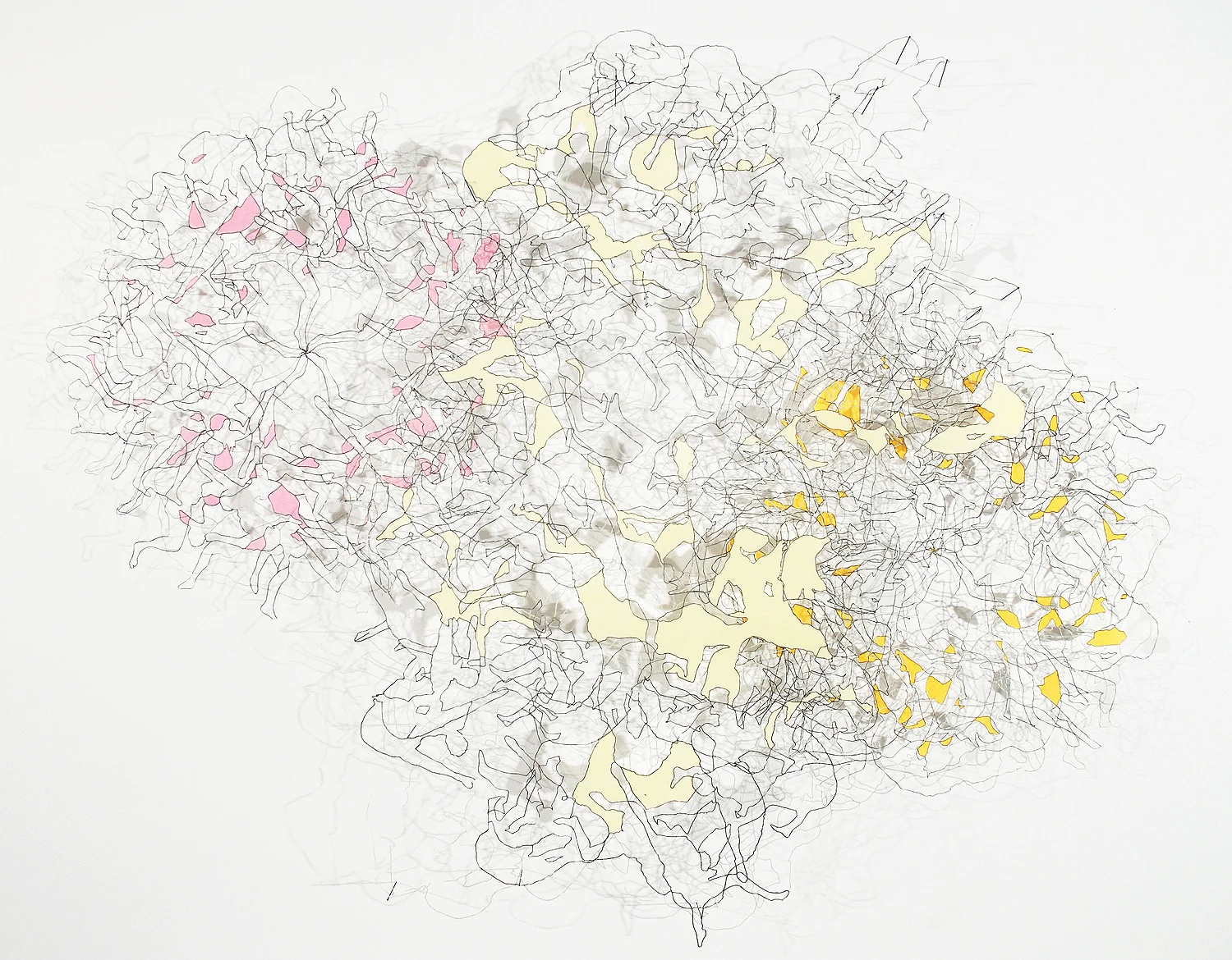Overlapping Tangle (complications) three, three color lithographs with paper removed, suspended on insect pins, 2010