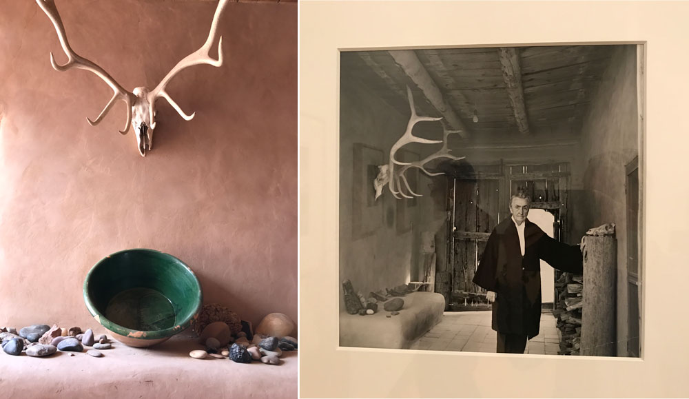 What a treat it was to end my NYC trip standing in front of this famous image by Yosuf Karsh (right) of Ms. O'Keefe standing in front of the famous door that captured her imagination for years until she was able to purchase the property that became her home. The week before, I stood in that entryway and took my own picture of the skull she lovingly hung there in her New Mexico home.