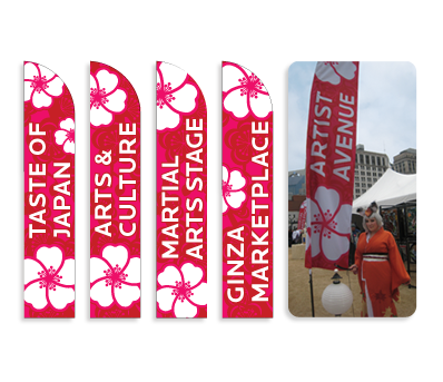 Once attendees arrive at the Nashville Cherry Blossom Festival, the locations of all the sections of the event are marked with flag banners which are easily visible above the crowd.