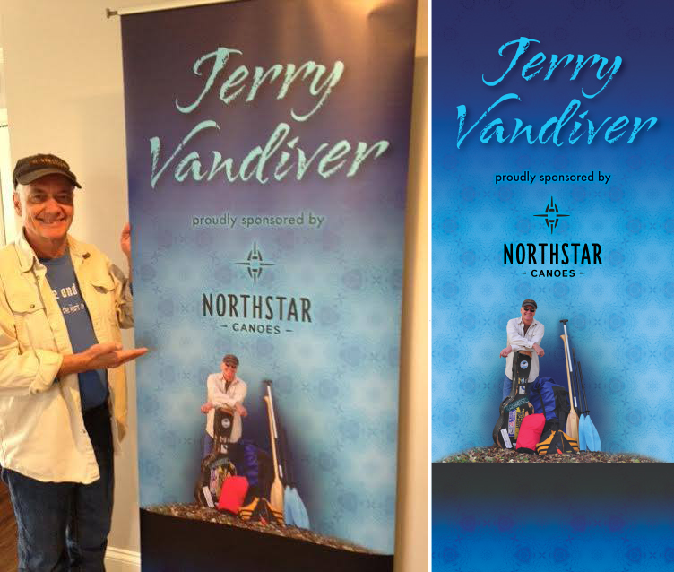 My musician friend, Jerry Vandiver, needed a sign for festivals and shows where he performs so that, while he plays his paddle songs, viewers can get basic information about who he is and who sponsors him: Northstar Canoes in this case.