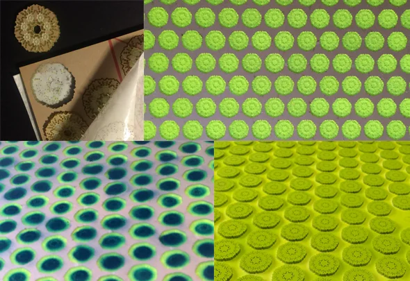 The process included laser cutting clear, colored acrylic from a design I created (upper left); the protective backing was then soaked overnight in vinegar and removed piece-by-piece, front and back (upper right); the center of each piece was then carefully spray painted with the dark teal blue (lower left); then the final color was spray painted evenly over the entire back (lower right).