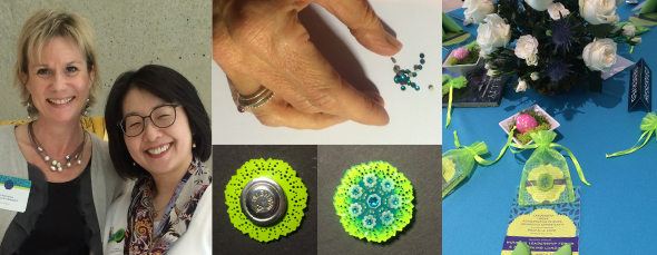 Thanks to the wonderfully patient and meticulous work of Mari who glued the gems one by one to the front of the brooch in addition to the magnetic clasp to the back, the brooches were then placed into into a perfectly matched gift bag with a gift card.