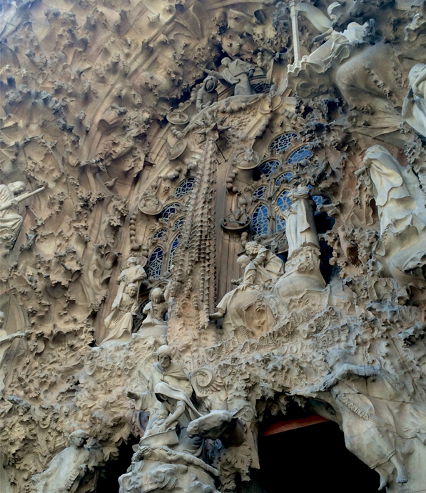 IMAGE: Detail of La Sagrada Familia’s Nativity facade. Note the use of typography.