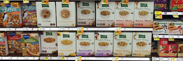 The cereal aisle at the grocery store can be so overwhelming. I love how Kashi's packaging stands out amidst all the busy-ness.