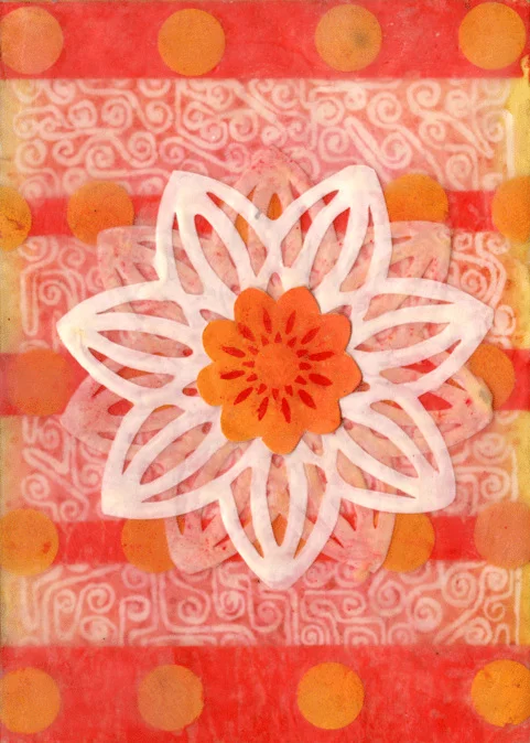 Encaustic painting can incorporate layers of wax and collage utilizing many other mediums (watercolor, cut paper, pastels, etc.), allowing for the juxtaposition of textures, colors with defined as well as a blurring of lines.