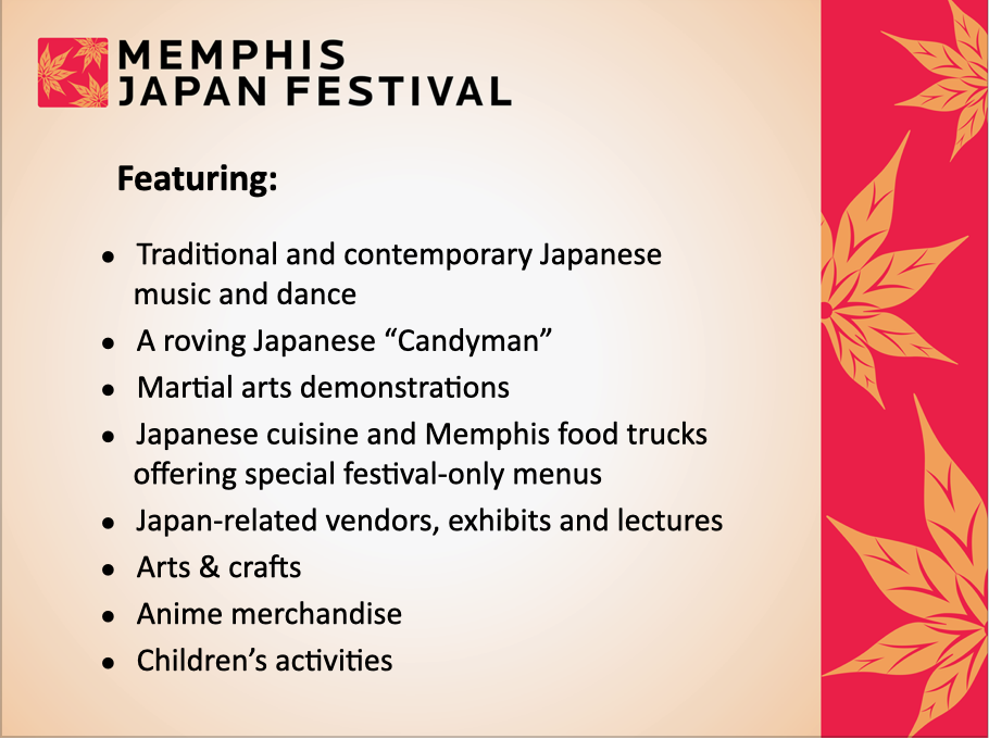 Power Point page for Japan-America Society of Tennessee’s 2019 Memphis Japan Festival.