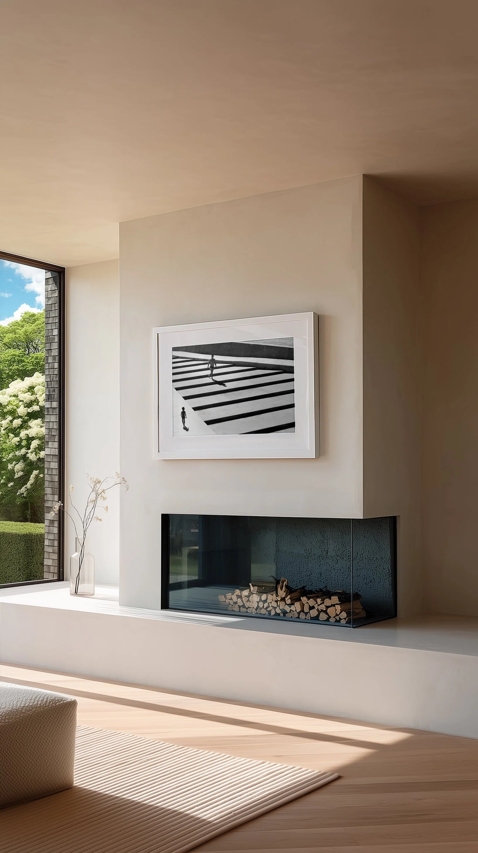 Crossing Shadows photograph by Greg Lotus above the fireplace