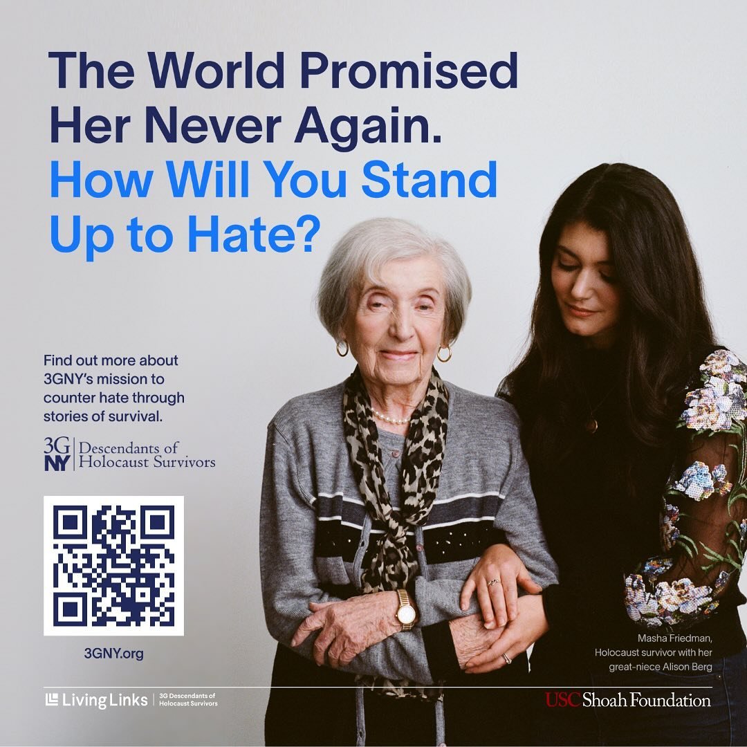 Keep an eye out, NYC!! Starting this weekend, 3GNY board member Alison Berg and her great-aunt Masha will be featured in our PSA and displayed on digital screens across the City!

At a time of increased antisemitism and divisive rhetoric, Alison and 
