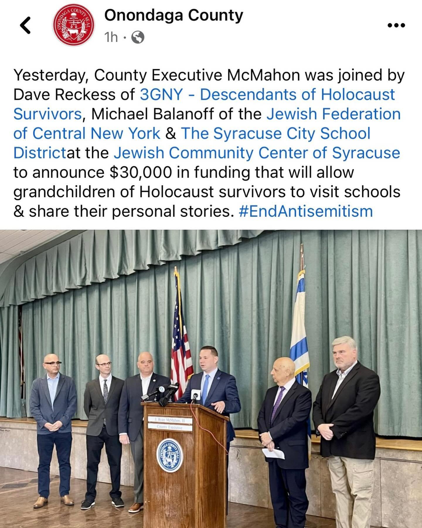 Excited and grateful to share this news from @onondagacountyny! Thank you to Onondaga County and County Executive Ryan McMahon for their support of 3GNY and their commitment to confronting antisemitism through Holocaust education and testimony. 

We 