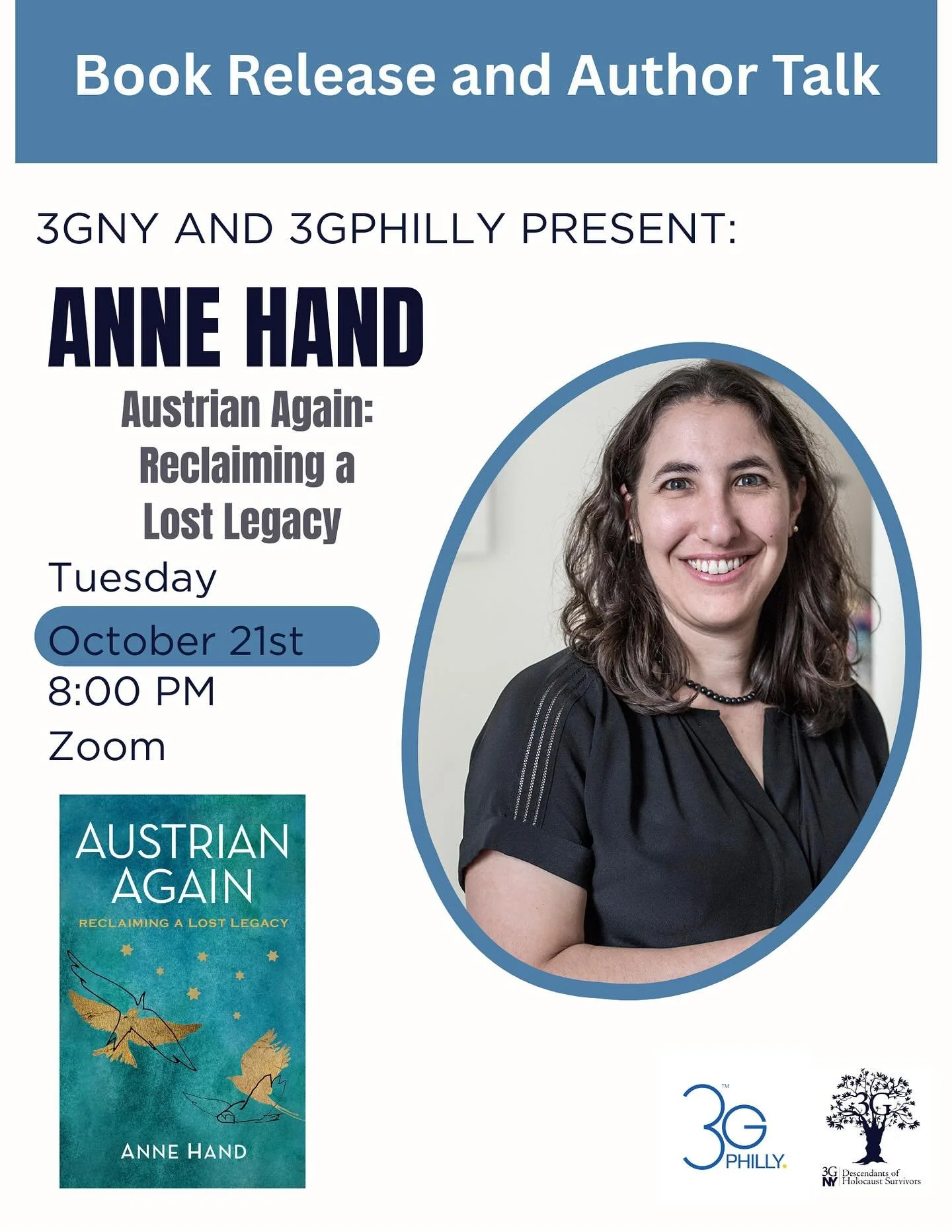 TONIGHT! 8pm Tuesday on Zoom - register at link in bio. 

Join 3GNY and 3G Philly as author Anne Hand sits with fellow Austrian 3G descendants, Meghan Stevenson-Krausz and Cindy Silverman, for an intimate conversation about citizenship, heritage, leg