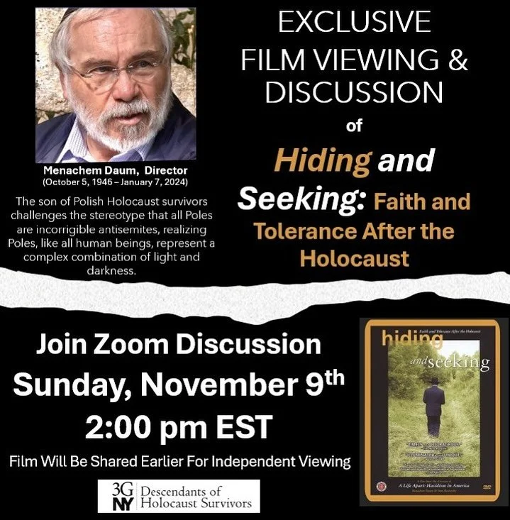 Register now at link in bio to receive a special screening link to the film, then join us November 9 on Zoom for an engaging discussion with 3G Tzvi Daum and genealogist Kamila Klauzinska about the documentary Hiding and Seeking: Faith and Tolerance 