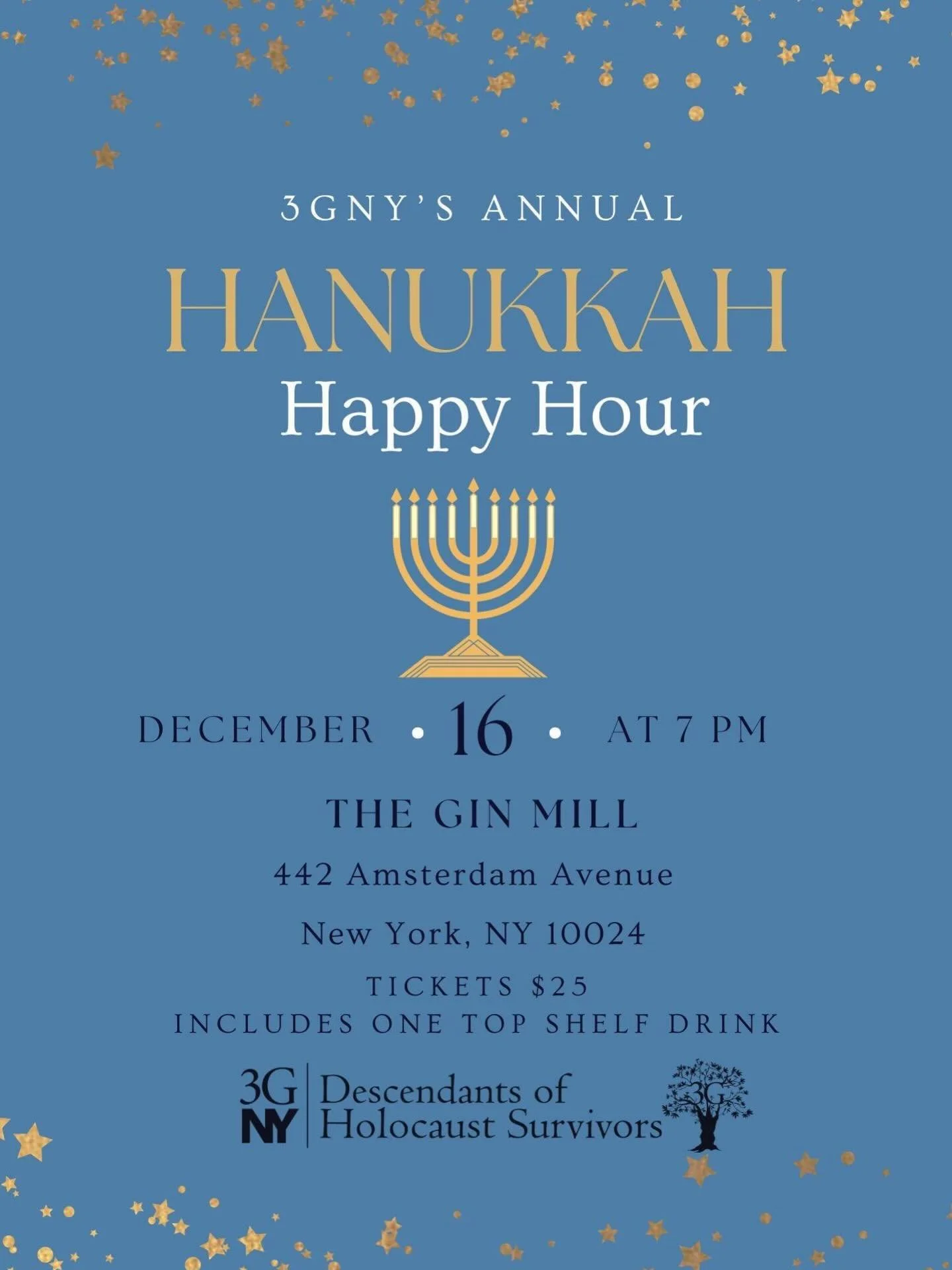 There is less than one week until Hanukkah! Join us on Tuesday, December 16th for 3GNY&rsquo;s Annual Hanukkah Happy Hour 🕎 

You can get tickets at the #linkinbio🔥 

See you there!!! 

#hanukkah #happyhour #nycevent #jewishevents