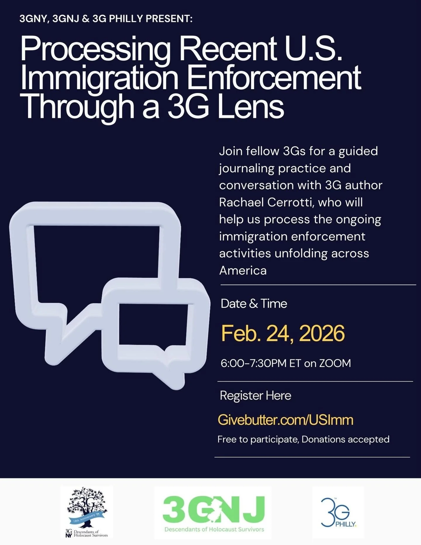 Join fellow 3Gs for a guided journaling practice and conversation with 3G author Rachael Cerrotti, who will help us process the ongoing immigration enforcement activities that are unfolding across America. Through guided writing prompts and supportiv