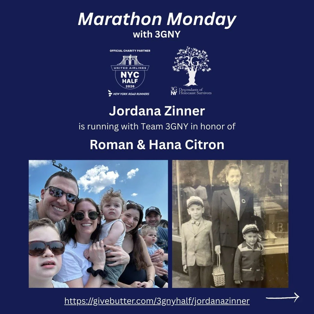 Next up in our Marathon Mondays series, meet Jordana Zinner! 

Jordana is running with Team 3GNY in honor of her friend Randi&rsquo;s grandparents, Roman Citron and Hana (Miodek) Citron. 

Jordana says: &ldquo;Although Roman and Hana are not my grand