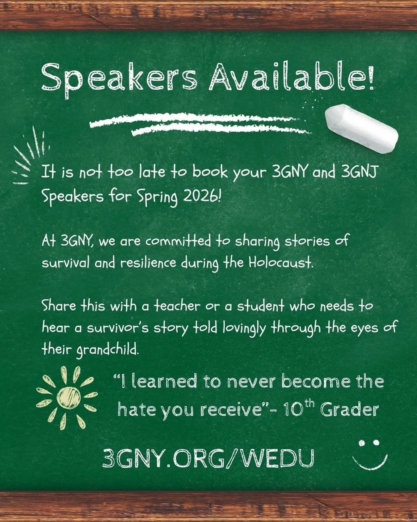 It&rsquo;s not too late to book your 3GNY and 3GNJ speakers for the Spring semester! 

Our speakers are ready to visit classrooms, offices, community centers (and more!), in-person and virtually, and share their grandparents&rsquo; Holocaust testimon