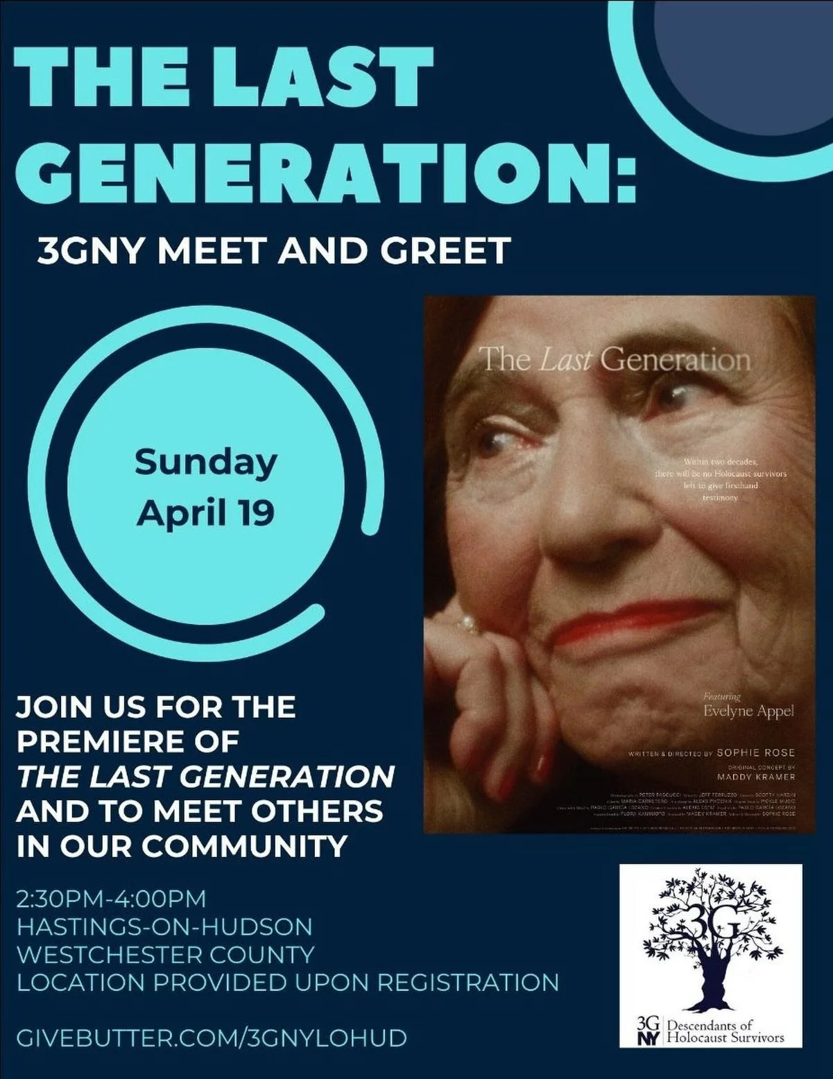 Join us this Sunday, April 19th at 2:30PM to learn more about 3GNY and to meet other grandchildren of Holocaust survivors in the Lower Hudson Valley!

This program will also feature the premiere of The Last Generation, a poignant documentary featurin