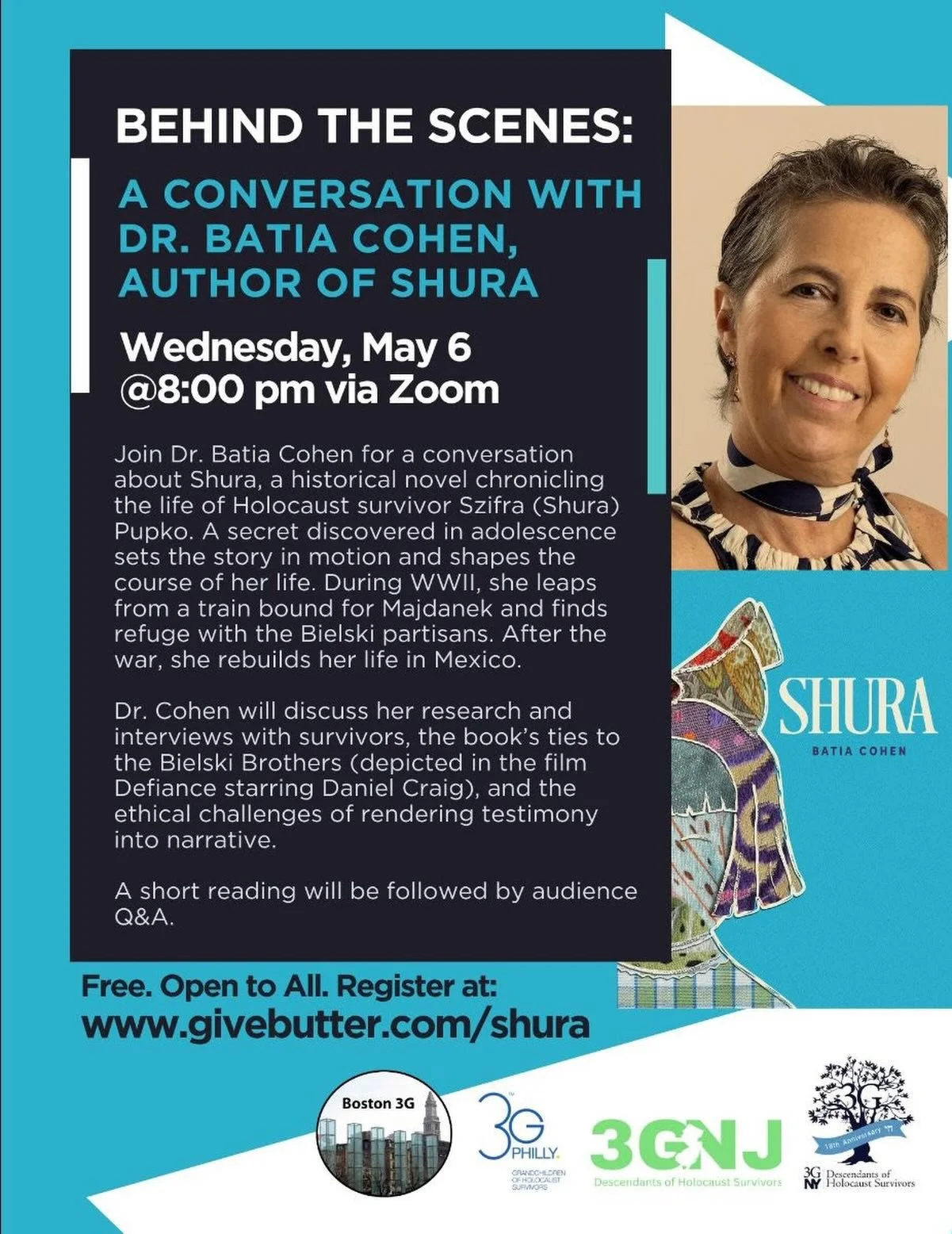 Join us on May 6th as Dr. Batia Cohen takes us behind the scenes of writing Shura. In this special presentation, Dr. Cohen will share the personal, emotional journey of uncovering and documenting the true story of a woman who leaped from a moving tra