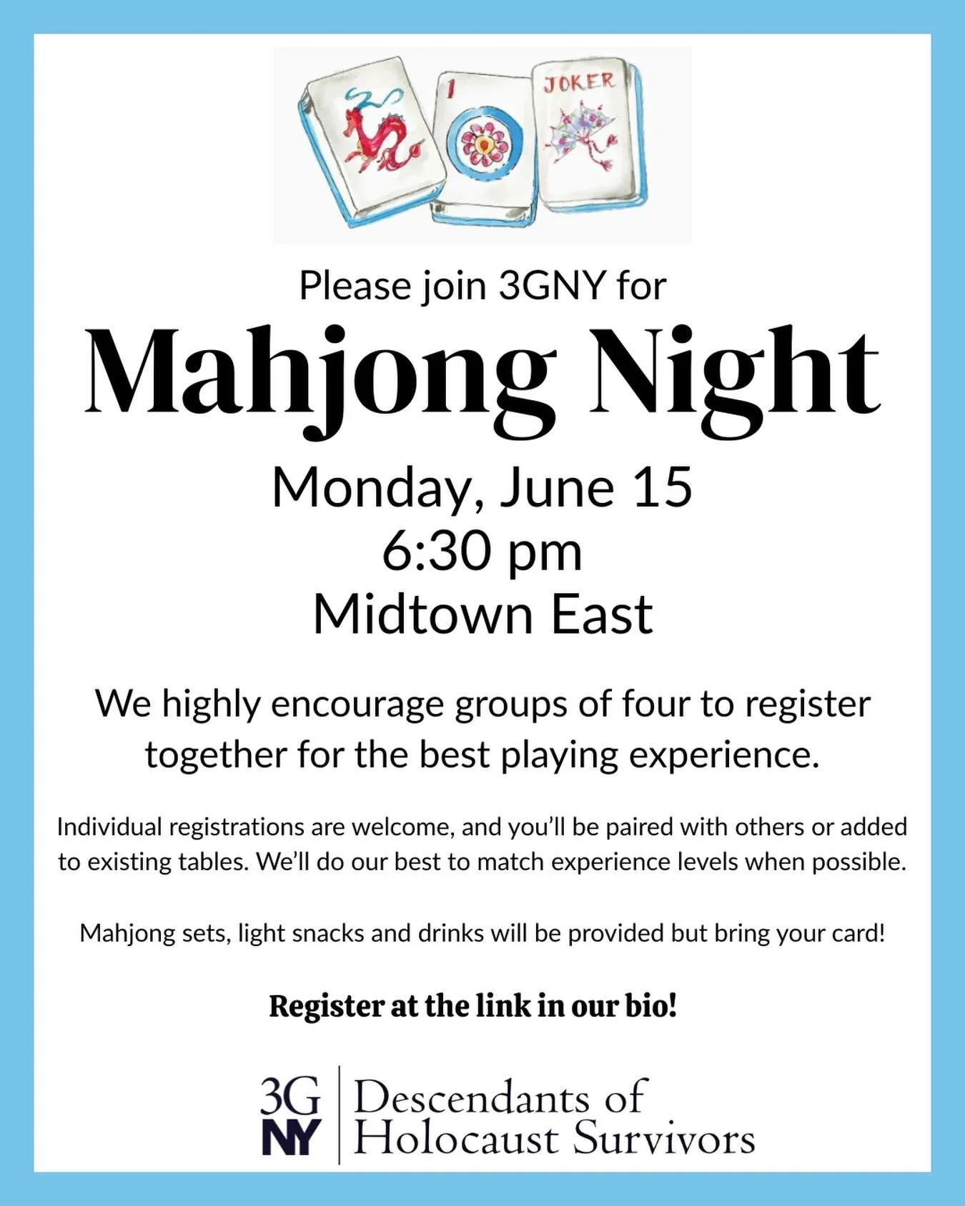 Join 3GNY for an evening of #Mahjong on Monday, June 15th! Kick things off with a meet and greet at 6:30pm and the games will begin at 7pm. Game sets will be provided but don&rsquo;t forget your card. 

Enjoy a fun evening of Mahjong with fellow enth