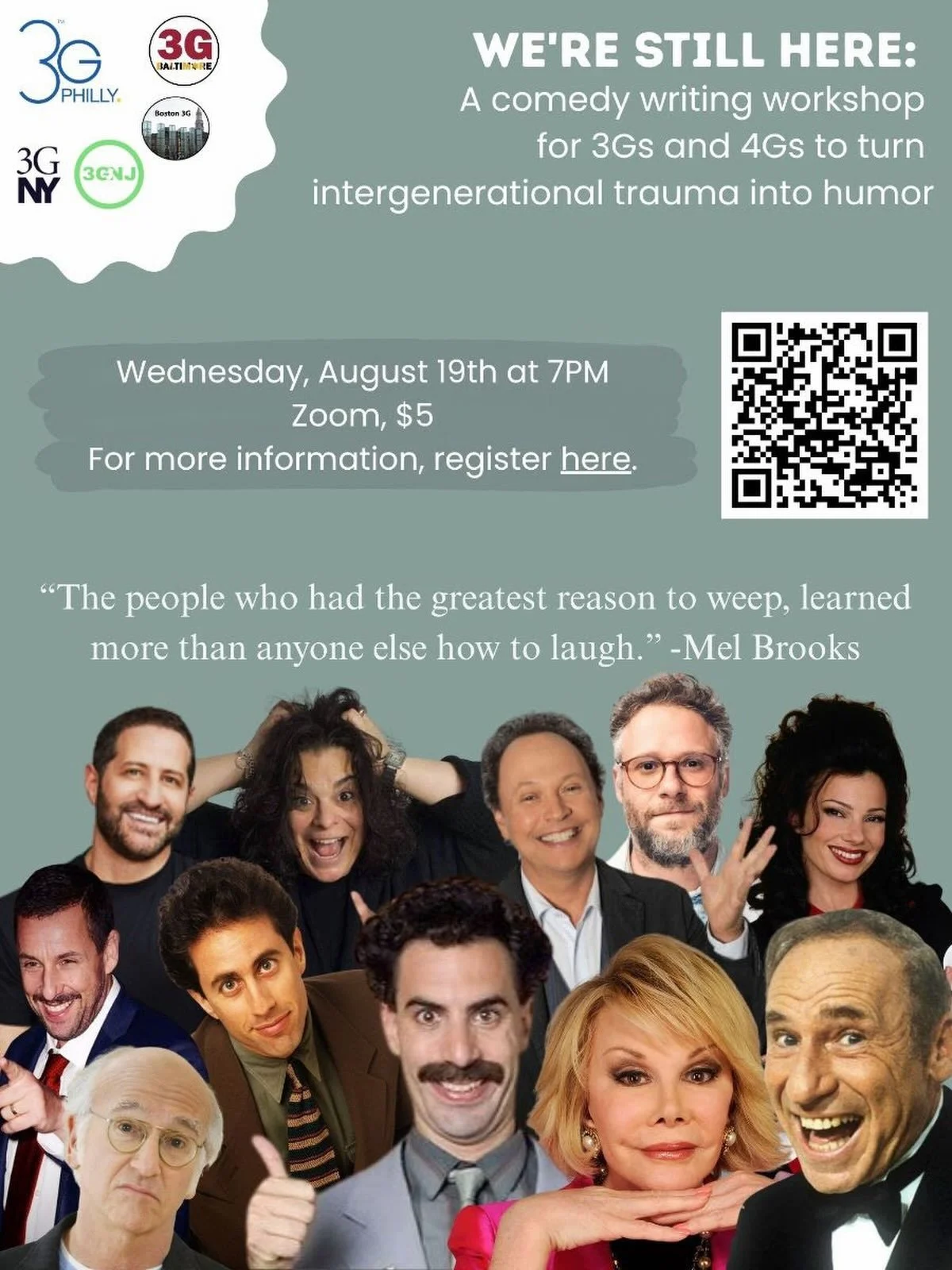 Join 3GNY, 3GNJ, 3G Philly, 3G Boston and 3G Baltimore for an online workshop to turn intergenerational trauma into comedy gold 🎭

From ghettos to work camps to death marches, Jews sang in the face of horror, they observed holidays, celebrated weddi