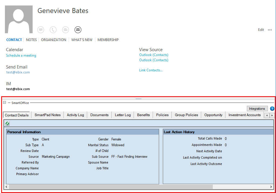 Outlook Integration A plug-in for MS Outlook that lets you access SmartOffice notes, documents, investments, and other data from within Outlook contacts. You can even launch other SmartOffice integrations from Outlook!