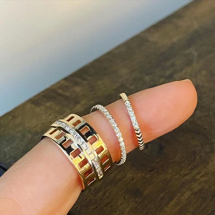 @selinkent A lovely contrast of bold &amp; delicate ✨ these three rings shipping out today ~ thank you to all our customers who have been so patient with our longer than usual lead times during this time ✨ #jewelrydesigner #jewelrydesignernyc #nycjew