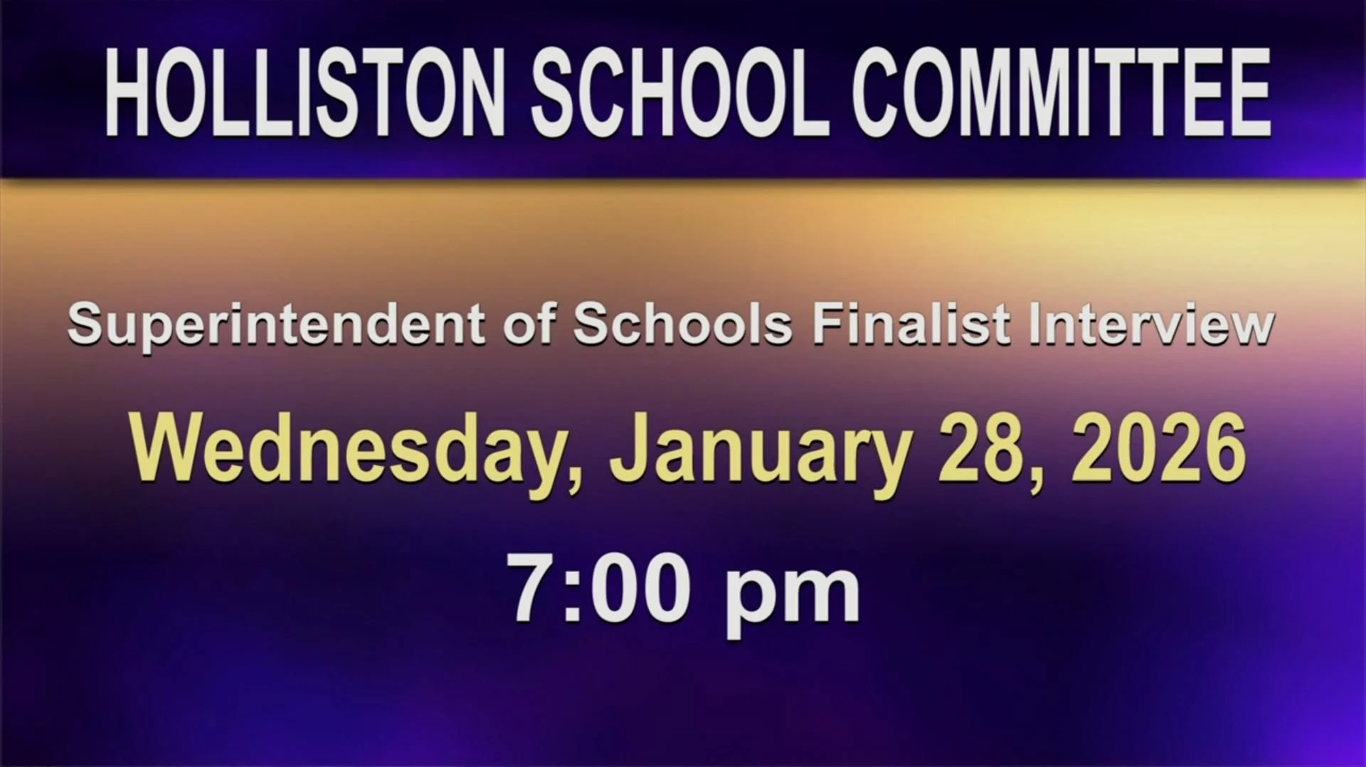 The Town of Holliston School Committee Meeting - Superintendent of School Finalist Interview of Mr. Tim McCormick on Wednesday, January 28, 2026.

Copy and paste the link to watch:

https://youtu.be/D06-OrF3c-A?si=rX4fstR6BqhQaBPc

@hollistonpublicsc