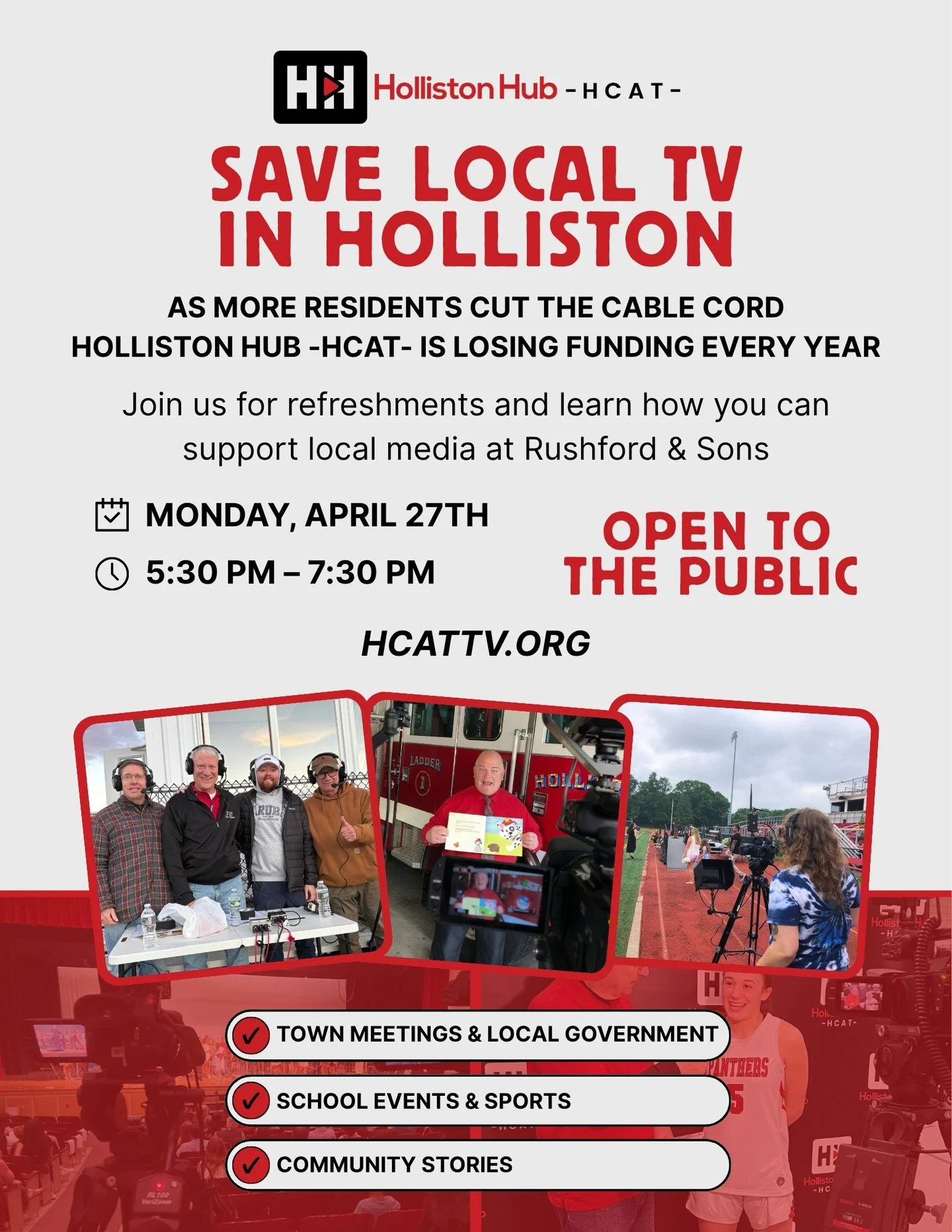 TONIGHT! Come to Rushford &amp; Sons Brewhouse to learn how you can help save local TV in Holliston! starting at 5:30pm!