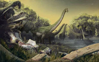 Reconstruction of the new titanosaur and the landscape in which it lived, in what is now Tanzania. Credit: Mark Witton, www.markwitton.com