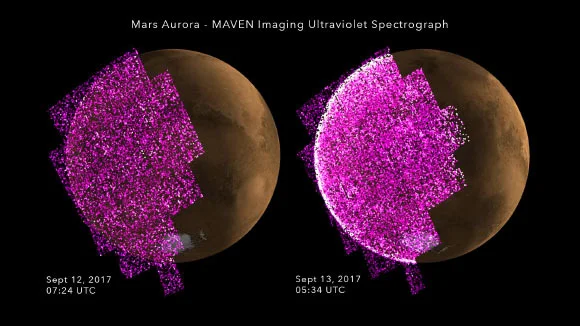 These images show the sudden appearance of a bright aurora on Mars during a solar storm in September 2017. The purple-white color scheme shows the intensity of UV light seen on Mars’ night side before (left) and during (right) the event. A simulated image of Mars for the same time and orientation has been added, with the dayside crescent visible on the right. The auroral emission appears brightest at the edges of the planet where the line of sight passes along the length of the glowing atmosphere layer. The data are from observations by the Imaging Ultraviolet Spectrograph instrument (IUVS) on NASA’s MAVEN orbiter. Note that, unlike auroras on Earth, the Martian aurora is not concentrated at the planet’s polar regions. This is because Mars has no strong magnetic field like Earth’s to concentrate the aurora near the poles. Image credit: NASA / University of Colorado.