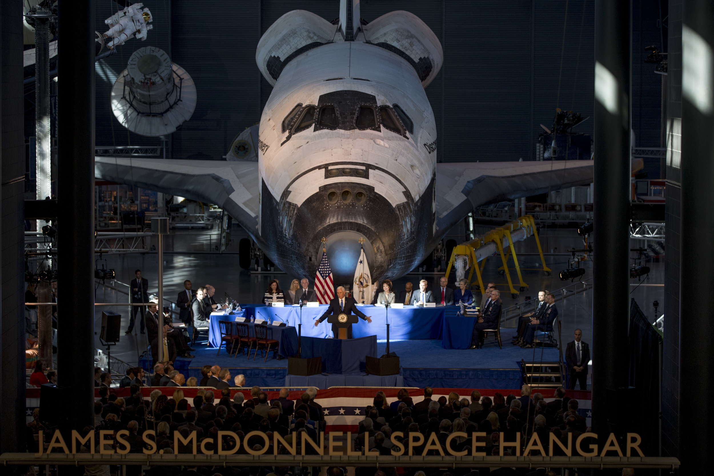  Vice President Mike Pence speaks in front of NASA's Space Shuttle Discovery at the National Space Council first meeting at the Steven F. Udvar-Hazy Center, Thursday, Oct. 5, 2017 in Chantilly, Va. (AP Photo/Andrew Harnik) 