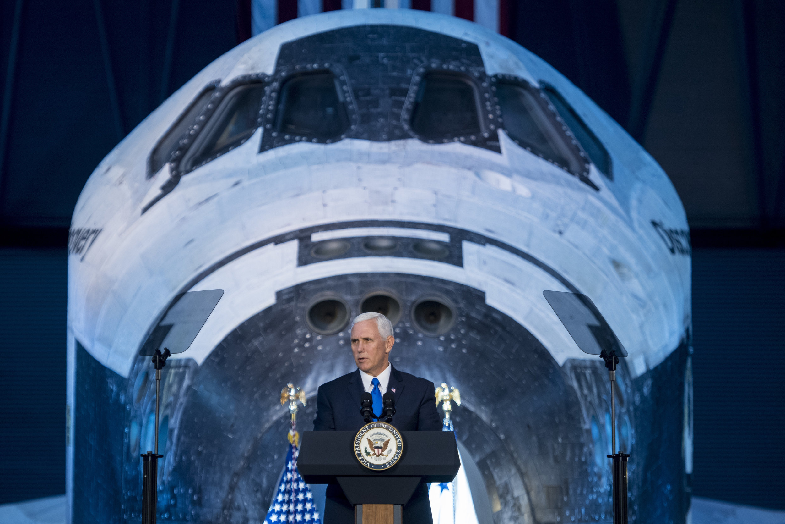  Vice President Mike Pence delivers opening remarks during the National Space Council's first meeting, Thursday, Oct. 5, 2017 at the Smithsonian National Air and Space Museum's Steven F. Udvar-Hazy Center in Chantilly, Va. The National Space Council,