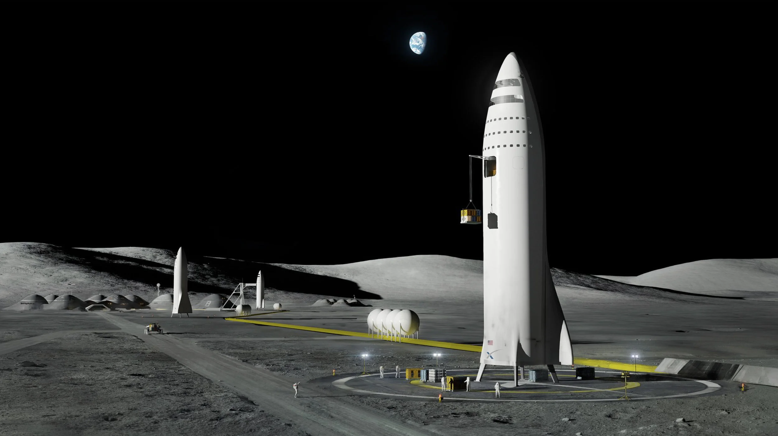 This artist's rendering made available by Elon Musk on Friday, Sept. 29, 2017 shows SpaceX's new mega-rocket design on the Earth's moon. With the 350-foot-tall spacecraft, Musk announced that his private space company aims to launch two cargo missio…