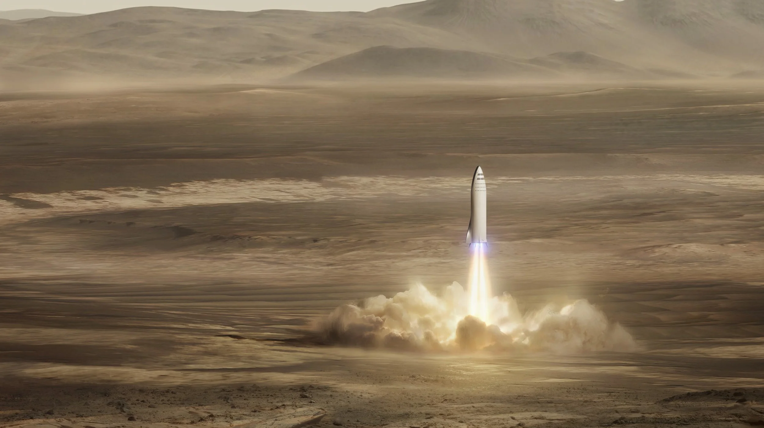 This artist's rendering made available by Elon Musk on Friday, Sept. 29, 2017 shows SpaceX's new mega-rocket design on Mars. With the 350-foot-tall spacecraft, Musk announced that his private space company aims to launch two cargo missions to the re…
