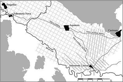 Urban settlement, road network and field systems in the ancient Liri Valley (dark grey = areas over 200 m ASML)