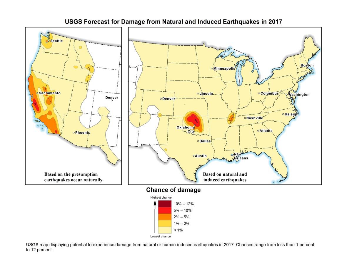 US Geological Survey map of natural and induced earthquake risk in 2017.