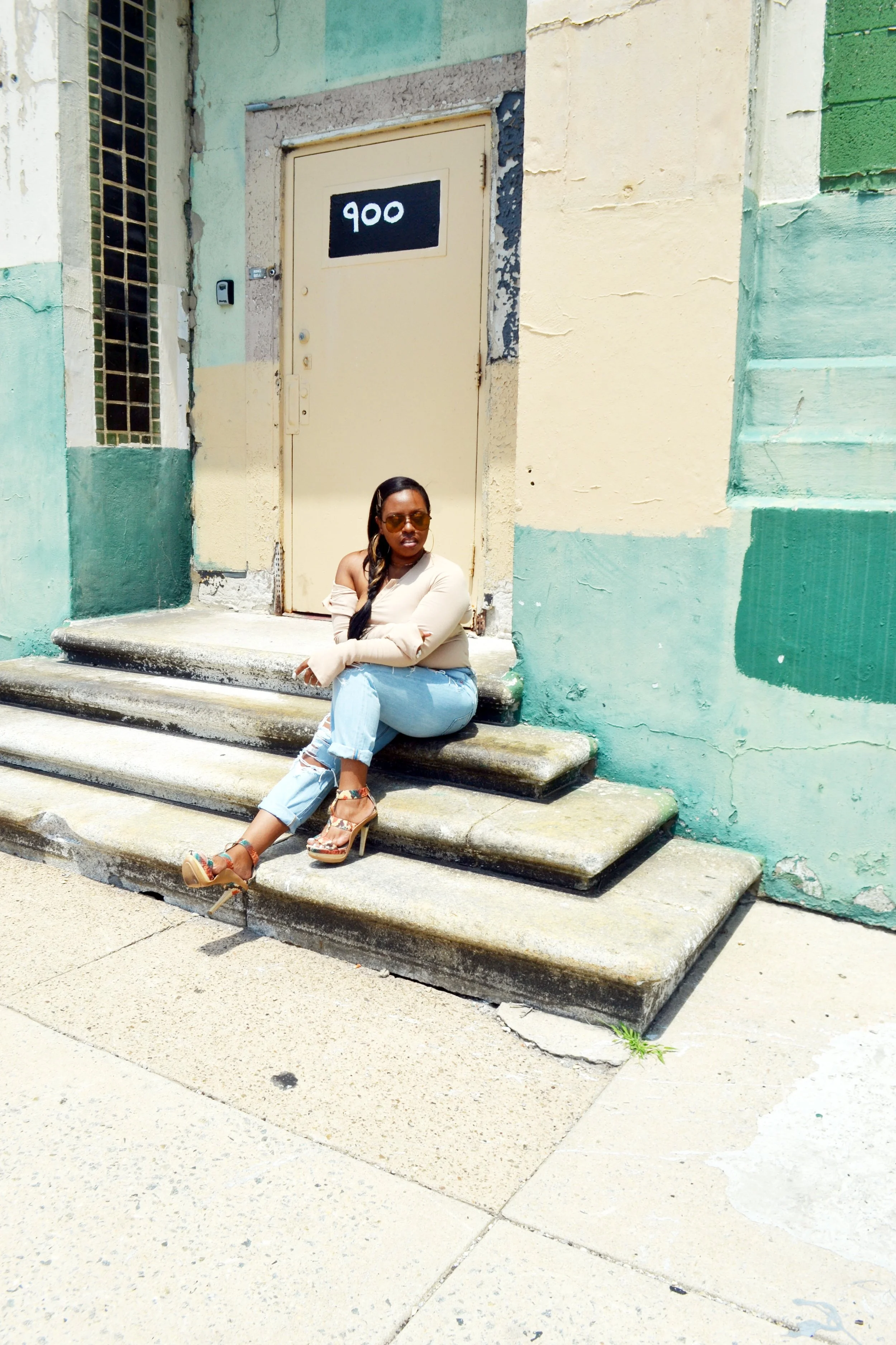 (Bodysuit - The Line by K, Jeans - American Eagle Outfitters, Shoes - BCBG Max Azria)