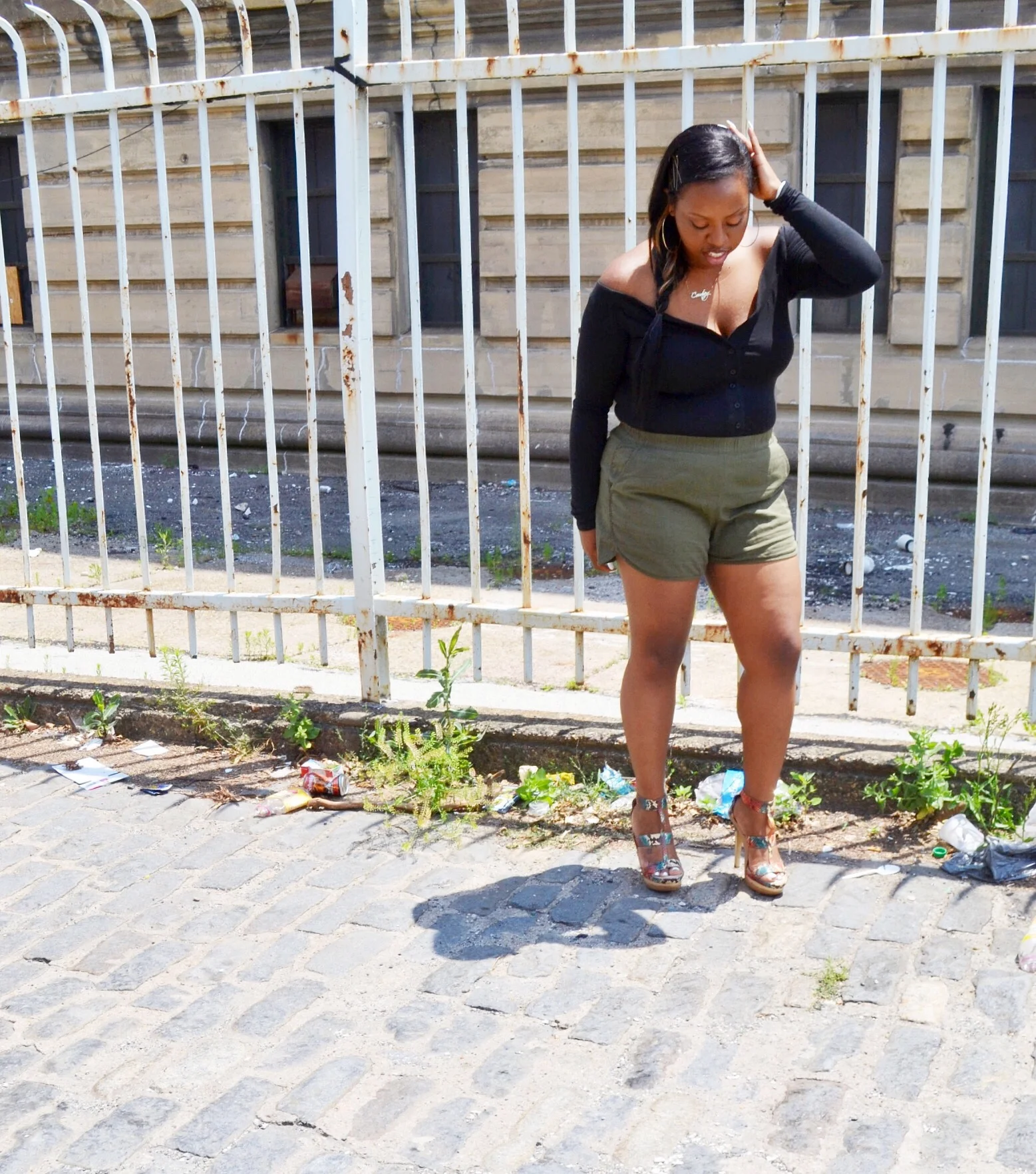 (Bodysuit - The Line by K, Shorts - Madewell, Shoes - BCBG Max Azria)
